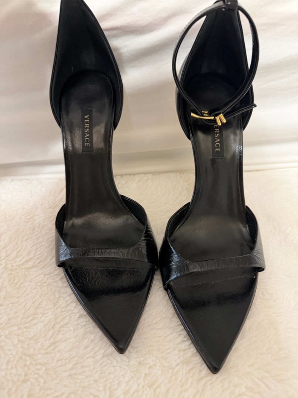 Versace Black Pointed-Toe Leather Ankle-Strap Heels with Gold Accent